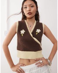 Reclaimed (vintage) - Knitted Wrap Tank With Floral Embroidery - Lyst
