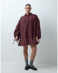ASOS - Asos Design Curve Hybrid Cord Mini Shirt Dress With Balloon Sleeves And Voile Hem - Lyst