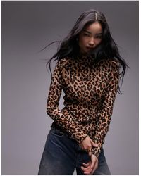TOPSHOP - Leopard Crinkle Long Sleeve Top - Lyst