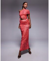 ASOS - Printed Mesh One Shoulder Maxi Dress With Ruched Bodice - Lyst