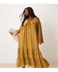ASOS - Vestido Largo Verde De Manga Larga Con Cuello De Pico Y Detalle De Lazadas De Asos Design Curve - Lyst