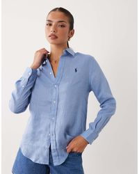 Polo Ralph Lauren - Camisa Azul Medio De Corte Clásico Con Logo De Lino De Lino - Lyst