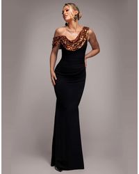 Goddiva - Cowl One Shoulder Contrast Sequin & Crepe Maxi Dress - Lyst