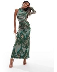 ASOS - Mesh High Neck One Sleeve Midi Dress With Gauging - Lyst