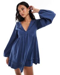 ASOS - Vestito Corto Punto Smock A Maniche Lunghe Con Colletto, Ricami E Cut-Out - Lyst