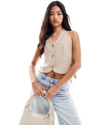 ASOS - Top Allacciato Al Collo E Sul Retro Color Pietra Effetto Lino Con Schiena Scoperta - Lyst