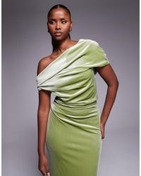 ASOS Fallen Shoulder Midi Prom Dress With Tie Detail in Green | Lyst