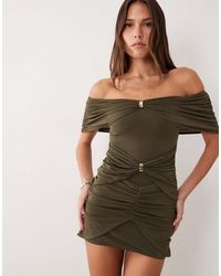 Ruched & Ready - Sculpted Off Shoulder Gold Hardware Ruched Drape Detail Bodycon Mini Dress - Lyst