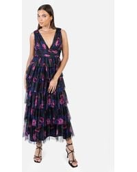 ANAYA - Floral Plunge V Neck Tiered Tulle Maxi Dress - Lyst