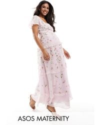 ASOS - Asos Design Maternity Bridesmaid Flutter Sleeve Embellished Wrap Maxi Dress With Embroidery - Lyst
