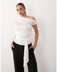 ASOS - Mesh Draped One Shoulder Top With Cinched Waist - Lyst