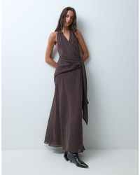 BRONZE SNAKE - V Neck Halterneck Maxi Dress With Draped Waist - Lyst