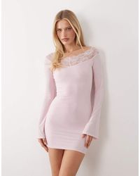 Fashionkilla - Exclusive Slinky Lace Trim Bardot Flare Sleeve Mini Dress - Lyst