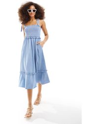 Y.A.S - Tie Shoulder Chambray Denim Midi Dress With Shirred Bust - Lyst