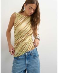 TOPSHOP - Mesh Stripe Ruched Shoulder Asymmetric Top - Lyst