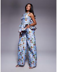 ASOS - Jacquard Broek Met Wijde Ronde Pijpen En Capri Bloemenprint, Deel Van Co-Ord Set - Lyst