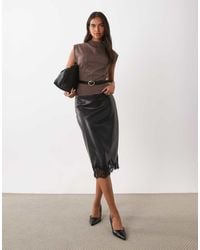 Mango - Faux Soft Leather Midi Skirt With Lace Trim - Lyst