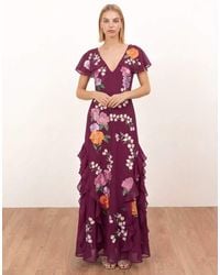Maya - Floral Embroidery Cape Sleeve Tie Back Maxi Dress - Lyst