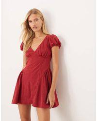 ASOS - Cord Corset Waist Mini Dress With Puff Sleeve - Lyst