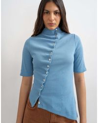 TOPSHOP - High Neck Ruffle Button Through Half Sleeve Top - Lyst