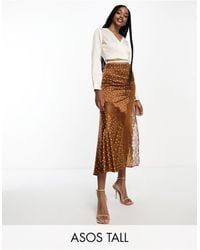 ASOS - Asos Design Tall Satin Midi Slip Skirt With Lace Inserts - Lyst