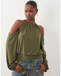 ASOS - Slinky Cold Shoulder Blouson Top With Balloon Sleeves - Lyst