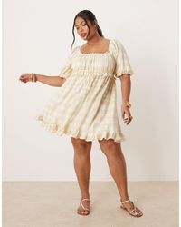 ASOS - Asos design curve - robe babydoll courte à carreaux avec manches bouffantes et encolure carrée - jaune - Lyst