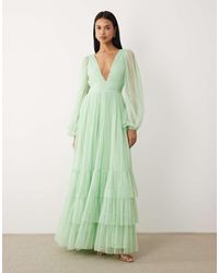 LACE & BEADS - Bridesmaid Madison Smocked Plunge Neck Sheer Sleeve Maxi Dress - Lyst