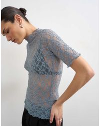 TOPSHOP - Lace Fitted High Neck Half Sleeve Top - Lyst