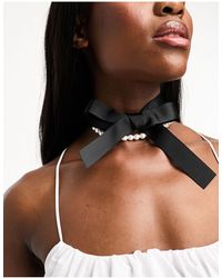 Monki - Pearl Layered Ribbon Choker Necklace - Lyst