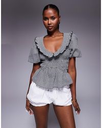 River Island - Puff Sleeve Gingham Shirred Top - Lyst