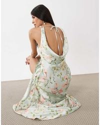 Hope & Ivy - Satin Cowl Neck Lace Trim Midi Dress - Lyst