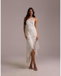 ASOS - Embellished One Shoulder Cutwork Midi Dress With Asymmetric Fringe Hem - Lyst