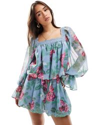 ASOS - – bluse mit eckigem ausschnitt, spitzenborte und blumenmuster, kombiteil - Lyst