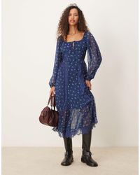 ASOS - Long Sleeve Tie Front Midi Dress With Lace Inserts - Lyst