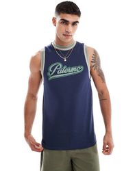 ASOS - Camiseta Azul Marino Sin Mangas Con Estampado Gráfico De Ciudad Y Ribetes Deportivos De - Lyst