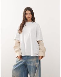 Lioness - 2 In 1 Oversized T-shirt Overlay And Striped Long Sleeve Shirt In White And Beige Stripe - Lyst
