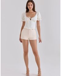 House Of Cb - Elisabetta Ivory Satin Puff Sleeve Lace Trim Top - Lyst