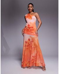 ASOS - Vestito Lungo Monospalla Con Corpino A Contrasto E Gonna A Rete Con Stampa - Lyst