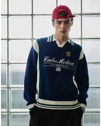Bershka - Contrast Embroidered Cable-knit Polo Collar Jumper - Lyst