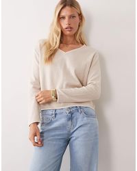 Mango - Teen pull col v avec bordure contrastante en sable - Lyst