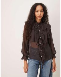 Glamorous - Button Up Tie Front Ruffle Blouse - Lyst