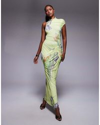 ASOS - Printed Mesh One Shoulder Capped Sleeve Maxi Dress With High Neck - Lyst