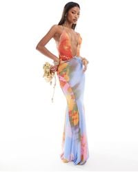 ASOS - Mesh Plunge Maxi Dress With Full Godet Skirt - Lyst