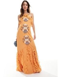 Maya - Embellished Halter Neck Ruffle Maxi Dress - Lyst
