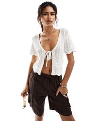 Monki - Crochet Knit Top With Shirt Sleeves And Tie Front - Lyst