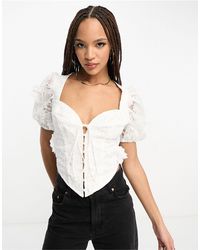 ASOS - Tie Front Corset Top With Puff Sleeve - Lyst