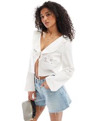 ASOS - Lace Insert Tie Front Collar Blouse - Lyst