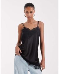 ONLY - Asymetric Lace Trim Satin Top - Lyst