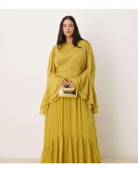 ASOS - Vestido Largo Claro De Manga Larga De Chifón Con Detalle De Punto De Cruz En La Cintura De Asos Design Curve - Lyst